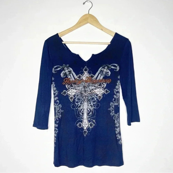Harley Davidson Beaded V Neck Blouse Size Small - Picture 1 of 6